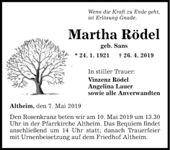 Traueranzeige von Martha Rödel von Fränkische Nachrichten