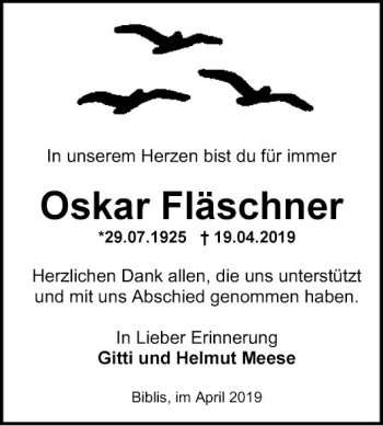 Traueranzeige von Oskar Fläschner von Südhessen Morgen