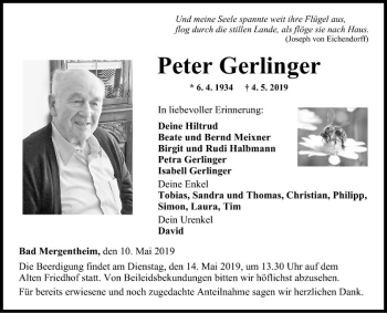 Traueranzeige von Peter Gerlinger von Fränkische Nachrichten