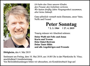 Traueranzeige von Peter Sonntag von Fränkische Nachrichten