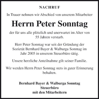 Traueranzeige von Peter Sonntag von Fränkische Nachrichten