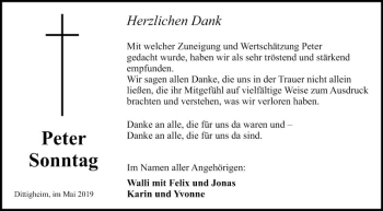 Traueranzeige von Peter Sonntag von Fränkische Nachrichten