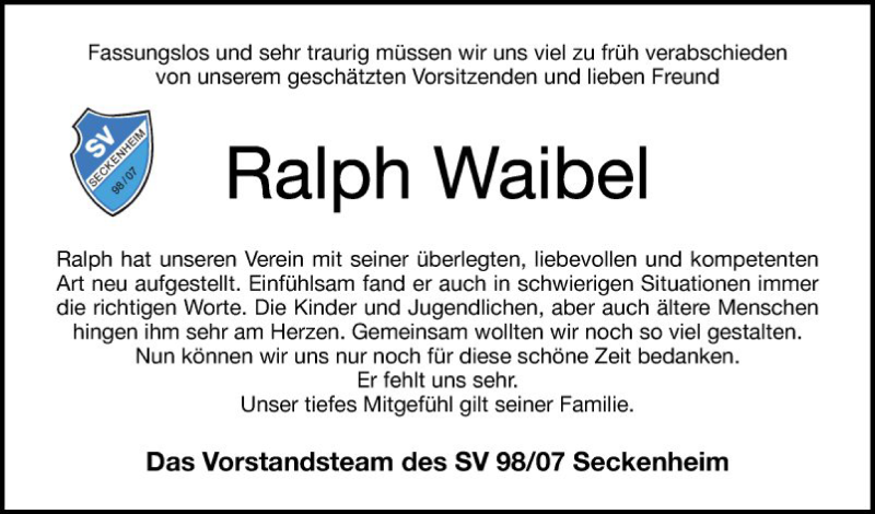  Traueranzeige für Ralph Waibel vom 15.05.2019 aus Mannheimer Morgen