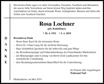 Traueranzeige von Rosa Lochner von Fränkische Nachrichten