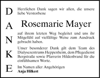 Traueranzeige von Rosemarie Mayer von Bergsträßer Anzeiger