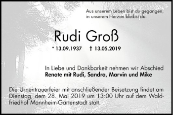 Traueranzeige von Rudi Groß von Mannheimer Morgen