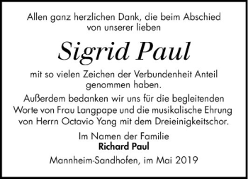 Traueranzeige von Sigrid Paul von Mannheimer Morgen