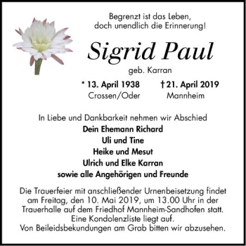 Traueranzeige von Sigrid Paul von Mannheimer Morgen