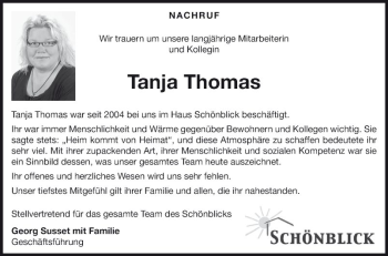 Traueranzeige von Tanja Thomas von Fränkische Nachrichten