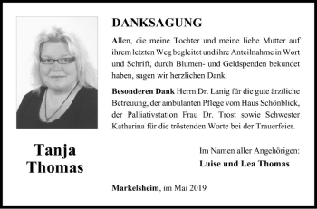 Traueranzeige von Tanja Thomas von Fränkische Nachrichten