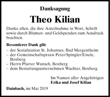 Traueranzeige von Theo Kilian von Fränkische Nachrichten