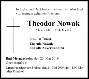 Traueranzeige von Theodor Nowak von Fränkische Nachrichten