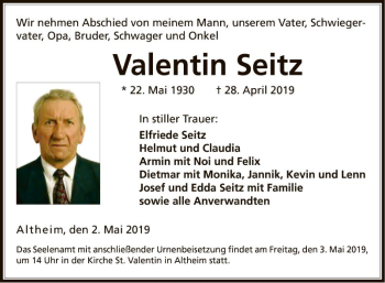 Traueranzeige von Valentin Seitz von Fränkische Nachrichten