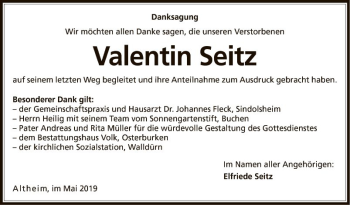 Traueranzeige von Valentin Seitz von Fränkische Nachrichten