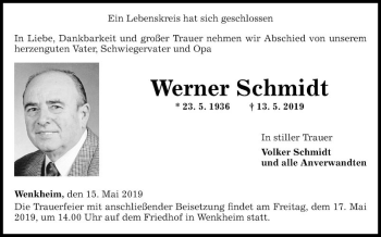 Traueranzeige von Werner Schmidt von Fränkische Nachrichten