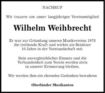 Traueranzeige von Wilhelm Weihbrecht von Fränkische Nachrichten