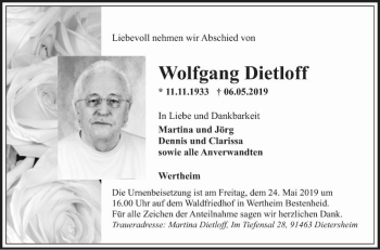 Traueranzeige von Wolfgang Dietloff von Fränkische Nachrichten