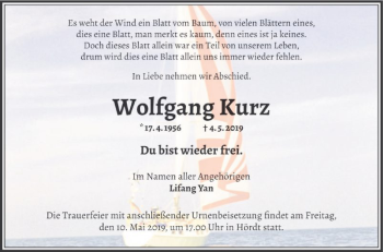 Traueranzeige von Wolfgang Kurz von Schwetzinger Zeitung