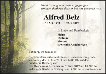 Traueranzeige von Alfred Belz von Fränkische Nachrichten