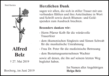 Traueranzeige von Alfred Belz von Fränkische Nachrichten