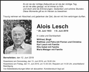 Traueranzeige von Alois Lesch von Fränkische Nachrichten