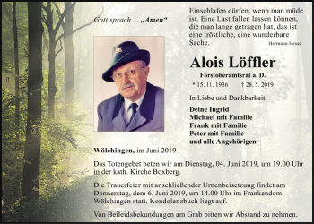 Traueranzeige von Alois Löffler von Fränkische Nachrichten