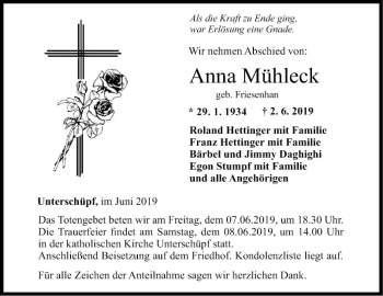 Traueranzeige von Anna Mühleck von Fränkische Nachrichten