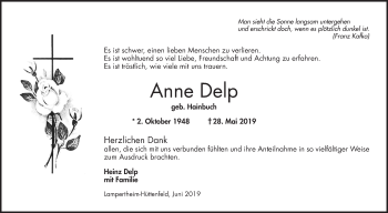 Traueranzeige von Anne Delp von Mannheimer Morgen