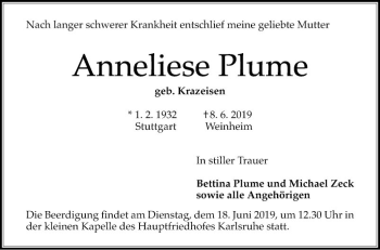 Traueranzeige von Anneliese Plume von Mannheimer Morgen