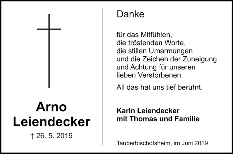  Traueranzeige für Arno Leiendecker vom 15.06.2019 aus Fränkische Nachrichten