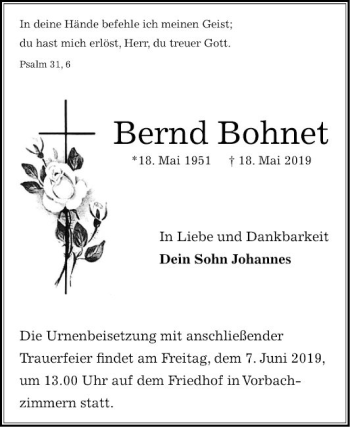 Traueranzeige von Bernd Bohnet von Fränkische Nachrichten