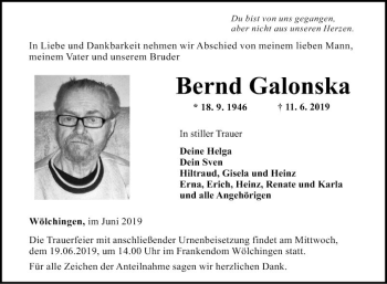 Traueranzeige von Bernd Galonska von Fränkische Nachrichten