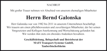 Traueranzeige von Bernd Galonska von Fränkische Nachrichten