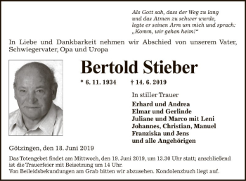 Traueranzeige von Bertold Stieber von Fränkische Nachrichten