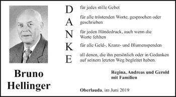 Traueranzeige von Bruno Hellinger von Fränkische Nachrichten