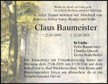 Traueranzeige von Claus Baumeister von Mannheimer Morgen