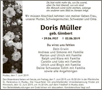 Traueranzeige von Doris Müller von Fränkische Nachrichten