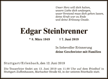 Traueranzeige von Edgar Steinbrenner von Fränkische Nachrichten