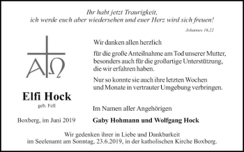 Traueranzeige von Elfi Hock von Fränkische Nachrichten