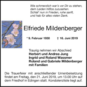 Traueranzeige von Elfriede Mildenberger von Mannheimer Morgen