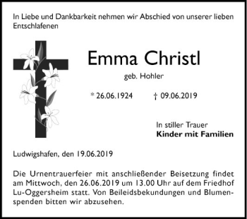 Traueranzeige von Emma Christl von Mannheimer Morgen