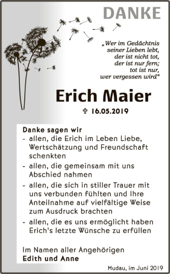 Traueranzeige von Erich Maier von Fränkische Nachrichten