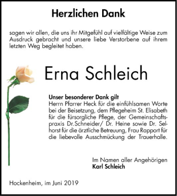 Traueranzeige von Erna Schleich von Schwetzinger Zeitung