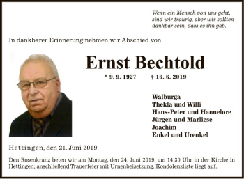 Traueranzeige von Ernst Bechtold von Fränkische Nachrichten