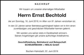 Traueranzeige von Ernst Bechtold von Fränkische Nachrichten