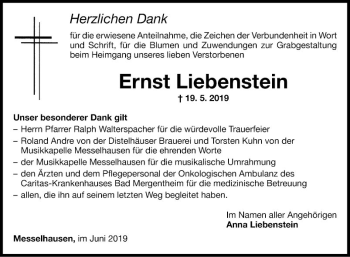 Traueranzeige von Ernst Liebenstein von Fränkische Nachrichten