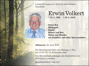 Traueranzeige von Erwin Volkert von Fränkische Nachrichten