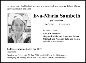 Traueranzeige von Eva-Maria Sambeth von Fränkische Nachrichten