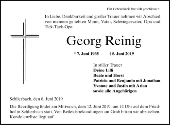 Traueranzeige von Georg Reinig von Bergsträßer Anzeiger