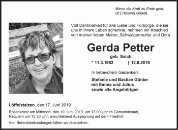 Traueranzeige von Gerda Petter von Fränkische Nachrichten